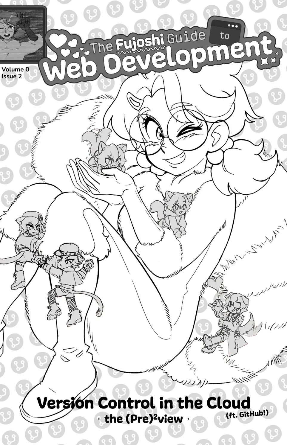 Issue 2 cover: a winking, fluffy-tailed Boba-tan surrounded by tiny Gits. âVersion Control in the Cloud: the (Pre)²view.â