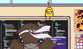 A yellow, one-eyed NAND-gate-shaped character sits on the code-filled monitor Boba-tan is typing in