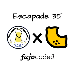 Escapade 35 x FujoCoded (Escapade logo of two penguins holding hands and
kissing, and the FujoCoded logo of a lemon with a bite taken out of
it)